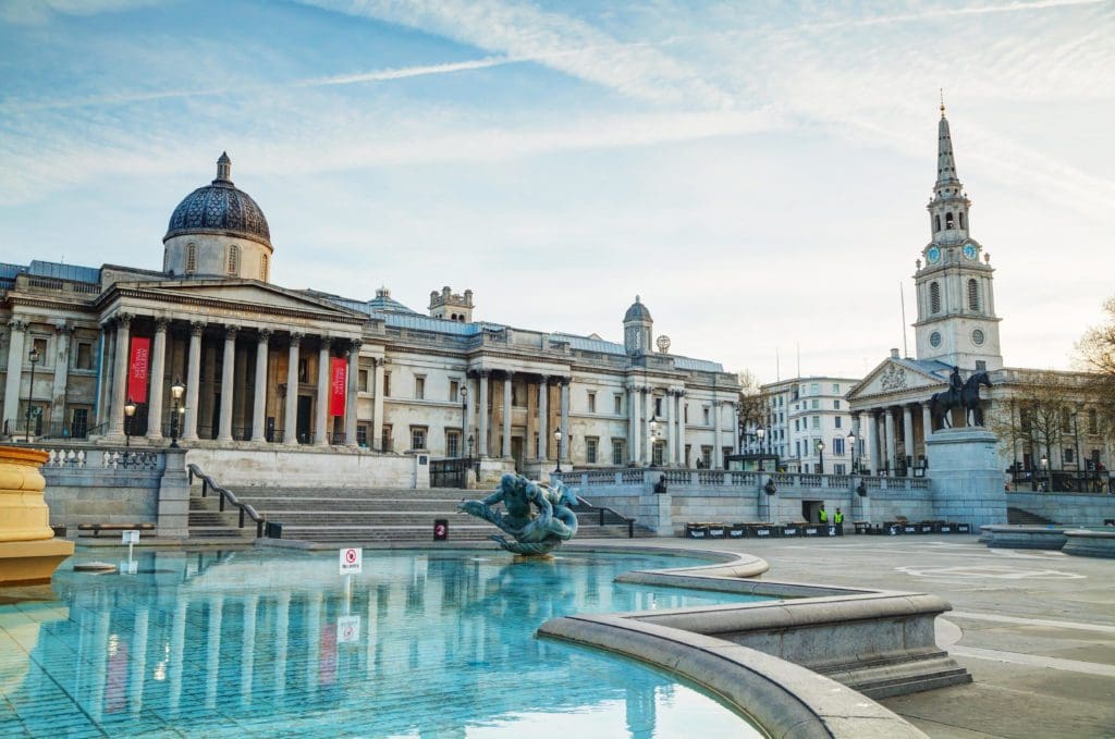 LONDON – APRIL 12: National Gallery building at Trafalgar square on April 12, 2015 in London, UK. Founded in 1824. National Portrait Gallery Building