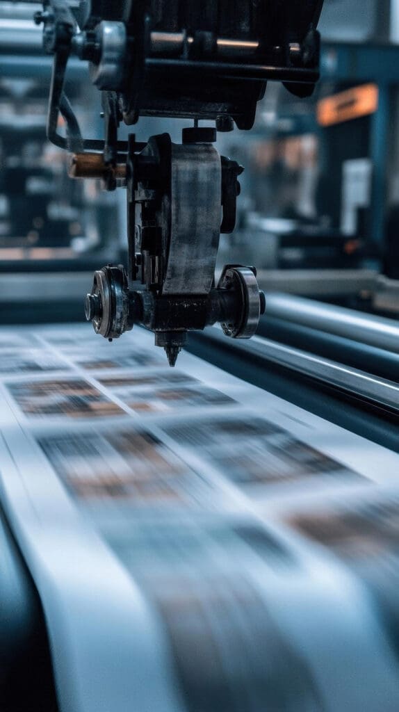 Printing press creating newspapers at high speed Printing press creating newspapers at high speed